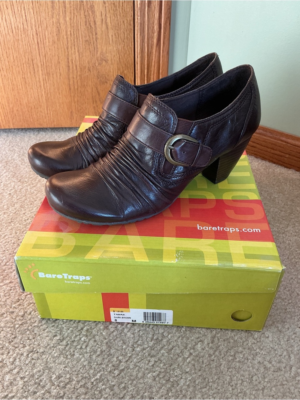 BareTraps Dark Brown Leather Ruched Buckle Heels